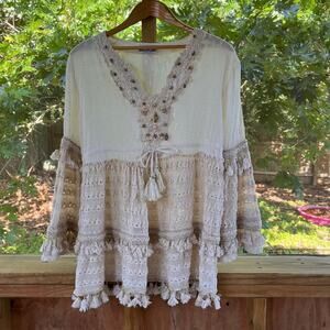 NJ Couture Women's Long Sleeve Beaded Tassel Tiered Top Size M/L